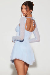 Naples Embellished Long Sleeve Angled Hem Mini Dress in Blue
